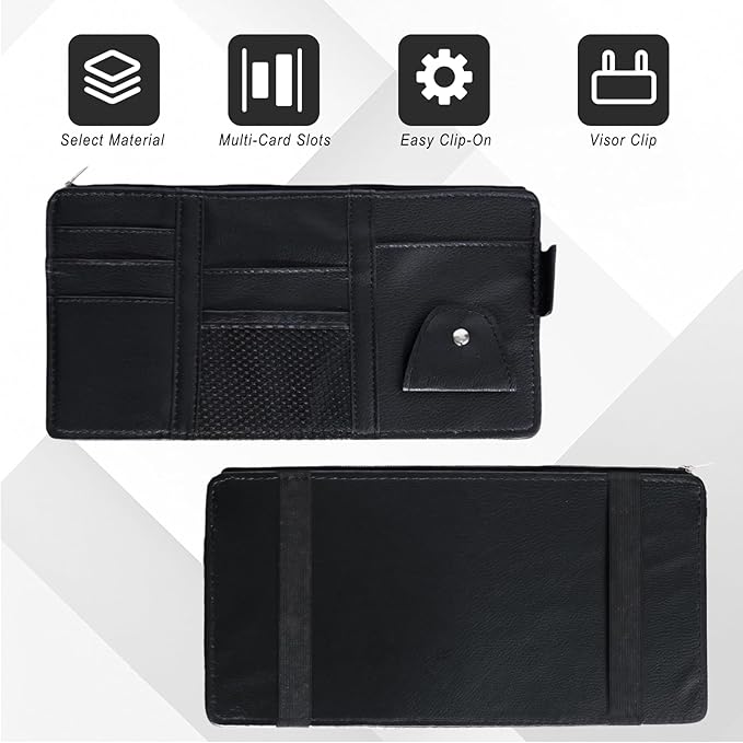 2 PCS Car Visor Organizer, Sunglasses Holder for Car Sun Visor, Leather Sunvisor Organizers with Sunglass Holder & Card Sleeve Pocket, Vehicle Accessories for Most Vehicle, Black