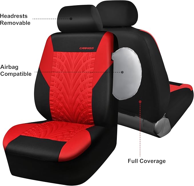 CAR PASS Car Seat Covers Two Front Only for Car, 3D Tyre Print Automotive Interior Covers, Airbag Compatible, Quick Setup Uni