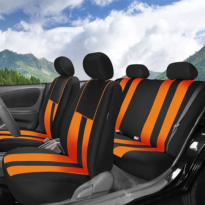 FH Group Orange Polyester Car Seat Covers - Full Set with Front and Rear Seat Cover, Universal Fit, Striking Striped Design, 