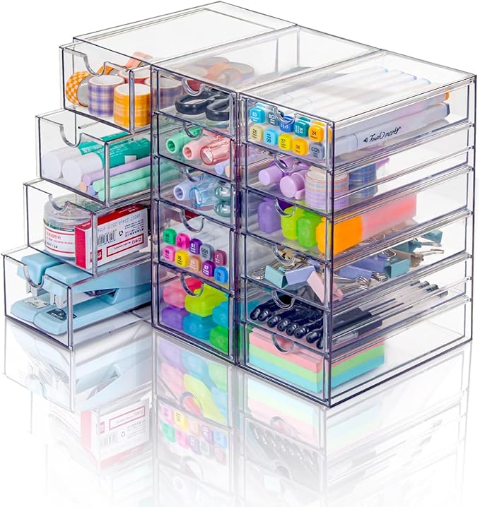 VZKAH Clear Acrylic Organizer with Drawers | 15-Drawer Desktop Unit | Makeup & Desk Organization and Storage Box for Office, 