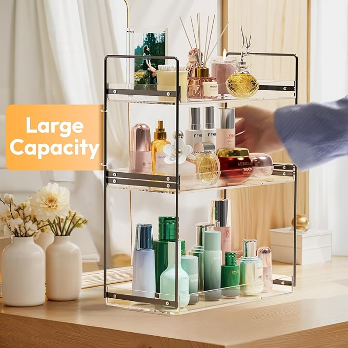 Bathroom Countertop Organizer, 3 Tier Metal Vanity Counter Skincare Shelf, Matte Black Under Sink with Acrylic Tray, Home Sto
