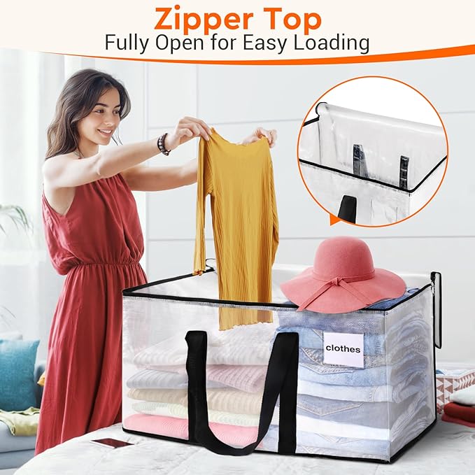 BlissTotes Clear Moving Bags Heavy Duty, 93L Extra Large Storage Bags with Zipper & Reinforced Handles, Waterproof PP Moving 