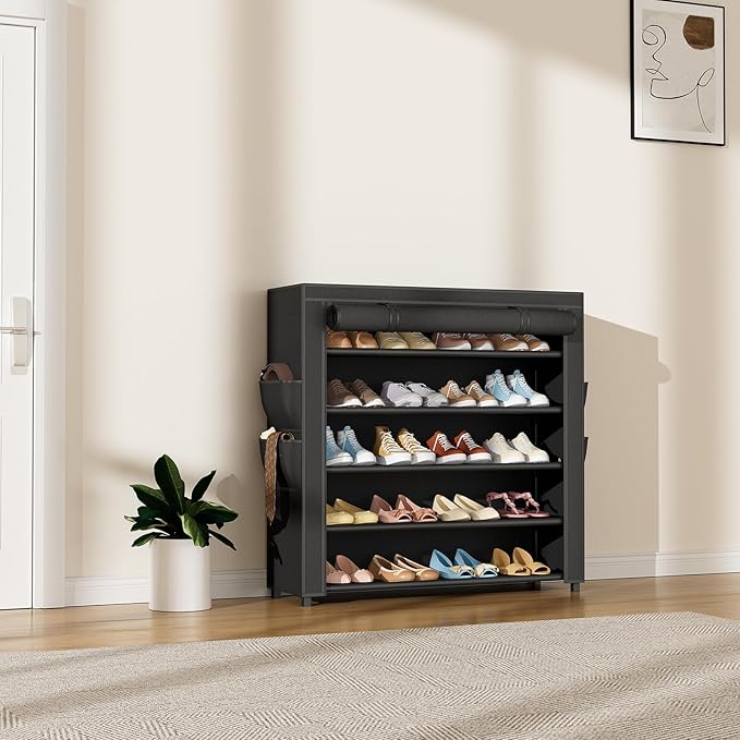LANTEFUL Shoe Rack with Covers 5 Tier Tall Shoe Rack Organizer Large Capacity Shoe Shelf Storage 20-24 Pairs Space Saving Fre
