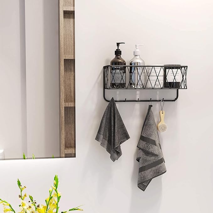 OROPY Entryway Mail Holder with Key Hooks, 14" L×4.7" W×6.5" H, Wall Mounted Matte Black Metal Wire Mesh Storage Basket with 