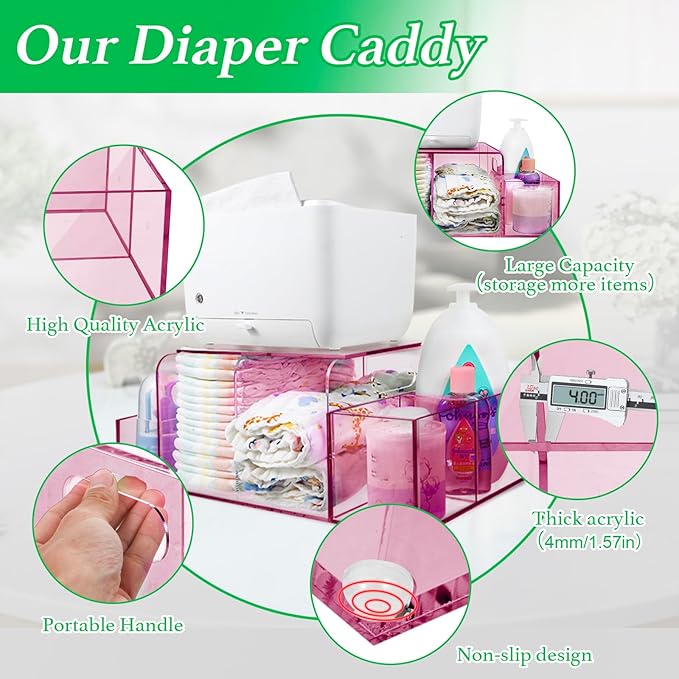 NANYEZH Acrylic Diaper Caddy, Baby Wipes Organizer for Changing Table, Dresser Top Tabletop Organizer with 4 Detachable Compa