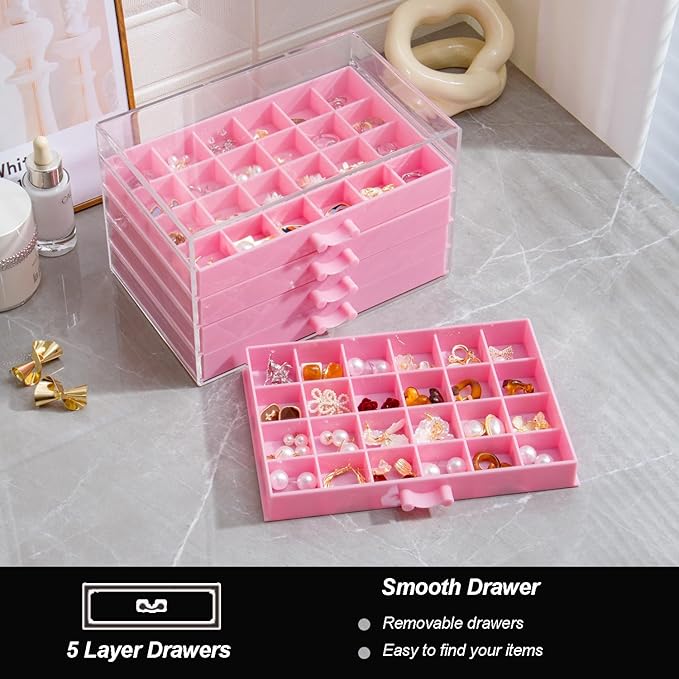 YUFONG Earring Storage Box Organizer, Acrylic Jewelry Storage Box Holder 5 Drawers Transparent Jewelry Display Stand with 120