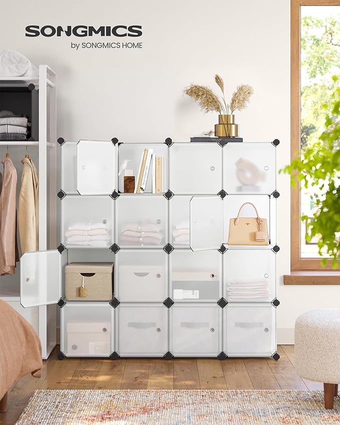 SONGMICS Cube Storage Organizer, Set of 16 Plastic Cubes, Closet Storage Shelves, DIY Plastic Closet Cabinet, Modular Bookcas