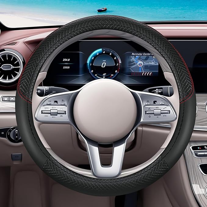 Black Car Steering Wheel Cover, Microfiber, Leather Patchwork, Universal 14.5-15 Inch Leather Anti-Slip Breathable Auto Steer