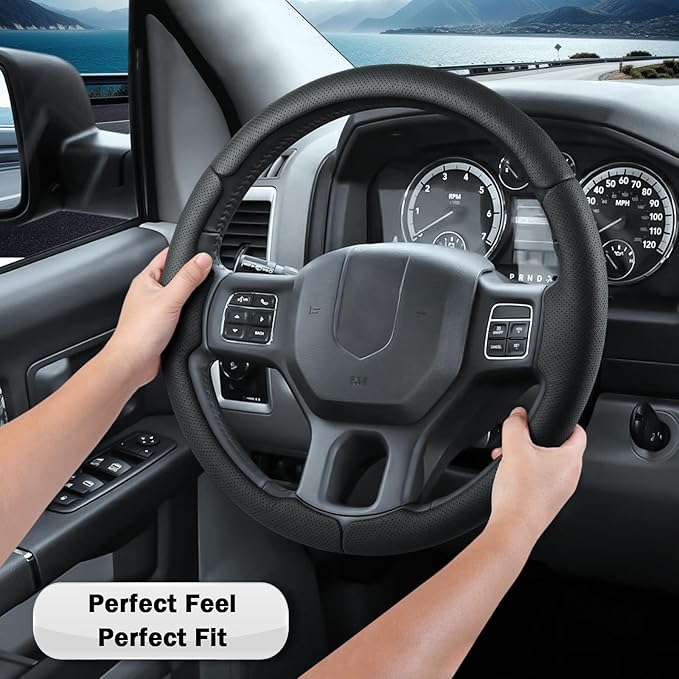 Steering Wheel Cover for Ram 1500, Car Steering Wheel Cover for Dodge Ram 1500 (2012-2018) 1500 Classic(2019-2023) 2500(2012-2018) 3500(2012-2018) 5500(2012-2018), Perforated Black