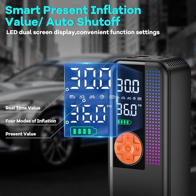 Tire Inflator Portable Air Compressor,150 PSI Cordless Air Pump, 12V DC Car Plug,Dual Power 10000mAh, Fast Inflation 24L/Min, 4 Preset Modes for Car, Bike, Motorcycle, Balls(Orange, 10000mAh)
