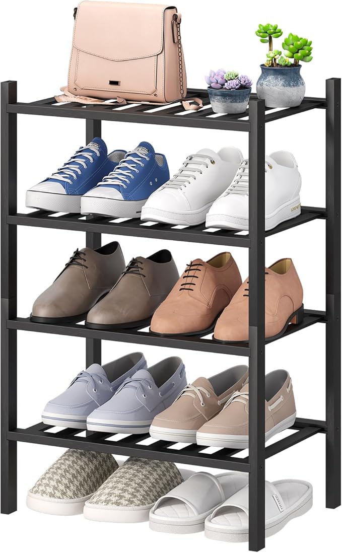 viewcare Black Small Shoe Rack for Entryway, 4-Tier Bamboo Shoe Organizer for Hallway Closet, Free Standing Shoe Racks for In