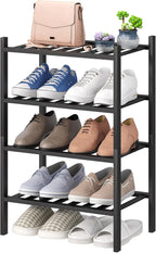 viewcare Black Small Shoe Rack for Entryway, 4-Tier Bamboo Shoe Organizer for Hallway Closet, Free Standing Shoe Racks for In