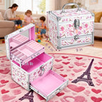 Hododou Girls Jewelry Box Organizer with Drawer & Mirror, Shiny Pink Style Lockable Storage Case for Kid or Little Girls Jewe
