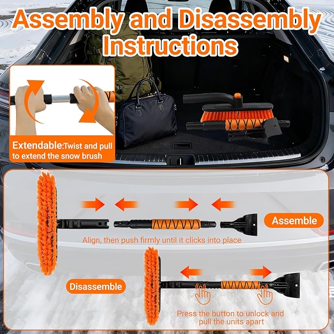 33" Extendable Snow Brush and Ice Scraper for Car Windshield, 2-in-1 Car Snow Brush & Ice Scraper with 360° Pivoting Brush Head and Comfortable Foam Grip for SUV Trucks Sedans,Orange ﻿