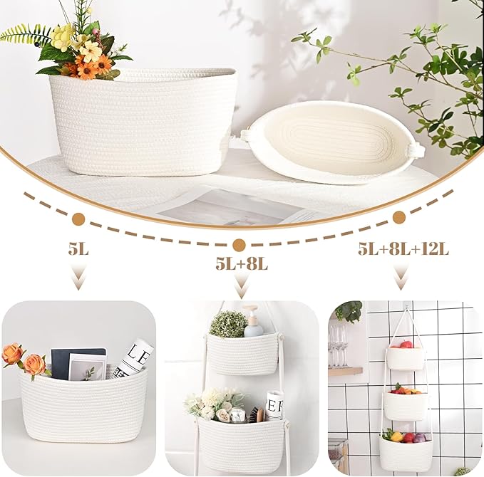 Hanging Storage Baskets, Over the Door Basket, Cotton Wall Baskets Storage, Hanging Door Basket with 4 Hooks
