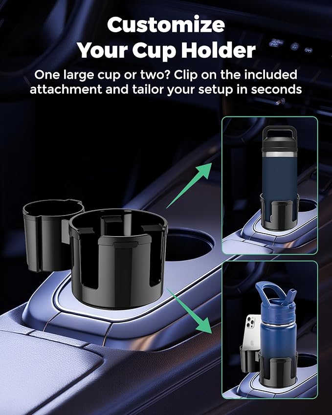 Basix by iOttie Adjustable Dual Cup Holder for Car with Expandable Base, Oversized Main Compartment, Removable Second Cup or Phone Holder Attachment, Fits Most Vehicles