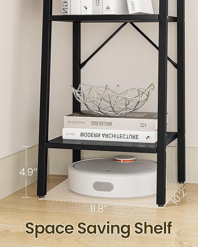 Hzuaneri Ladder Shelf, Bookshelf Bookcase, Freestanding Corner Storage Shelve with 2 Hooks for Home Office, Living Room, Kitc