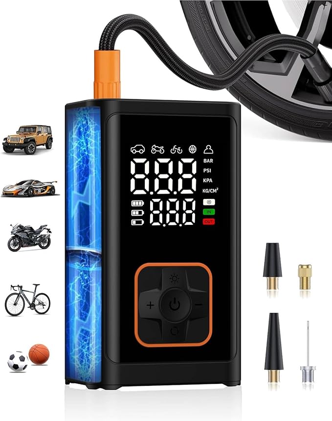 Tire Inflator Portable Air Compressor Cordless -150PSI Electric Air Pump & Digital Pressure Gauge, Air Compressor for Car Tires, for Bike Motorcycle Balloons, Emergency LED Light