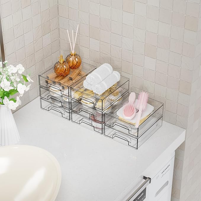 Yieach 2.2'' High Small Clear Stackable Storage Drawers,4 Pack Desk Organization and Storage Bins,Plastic Office Supply Organ