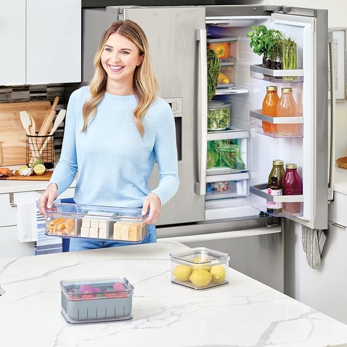 iDesign Crisp 3-Piece Recycled Plastic Refrigerator Organizer Bin Set with Lids, Clear/Gray