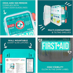 Be Smart Get Prepared First Aid Kit, Teal, 326 Piece, Exceeds OSHA and ANSI Guidelines 100 People - Office, Home, Car, School