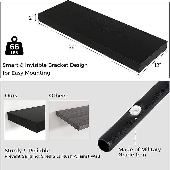 Floating Shelves for Wall, 36" W x 12" D x 2" H, 2 Pack of Long Wall Mounted Engineered Wood Shelves with Invisible Brackets 