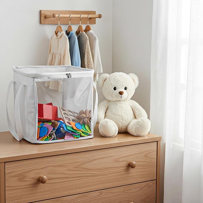 3 Pack Large Storage Bins, Foldable PVC Organizer Box with Transparent Lid & Handles, Multi-Purpose Toy Clothes Books Home De