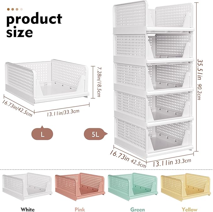 SNSLXH 5 Pack Stackable Closet Storage Basket, Multifunctional & Foldable Closet Organizer for Bathroom Kitchen Laundry Room 