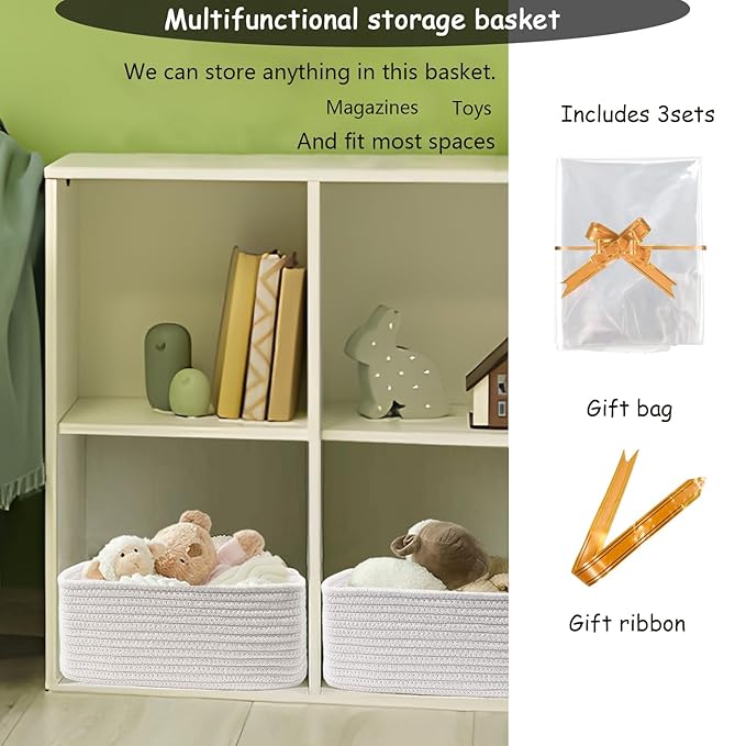 COMFY-HOMI 13" x 8.5" x 5.1" Storage Baskets for Organizing | Cotton Rope Woven Basket | Toy Storage Bin Box | Basket for She