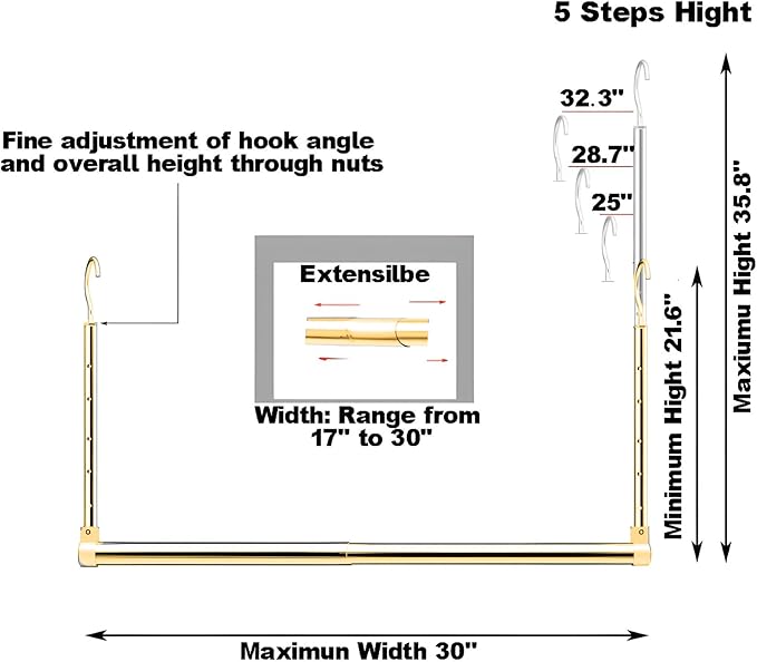 Adjustable Hanging Closet Rod, Extender Hanging Rod, Closet Hanging Organizer, Heavy Duty Closet Bar, Hanging Rod (Gold, 1 Pa