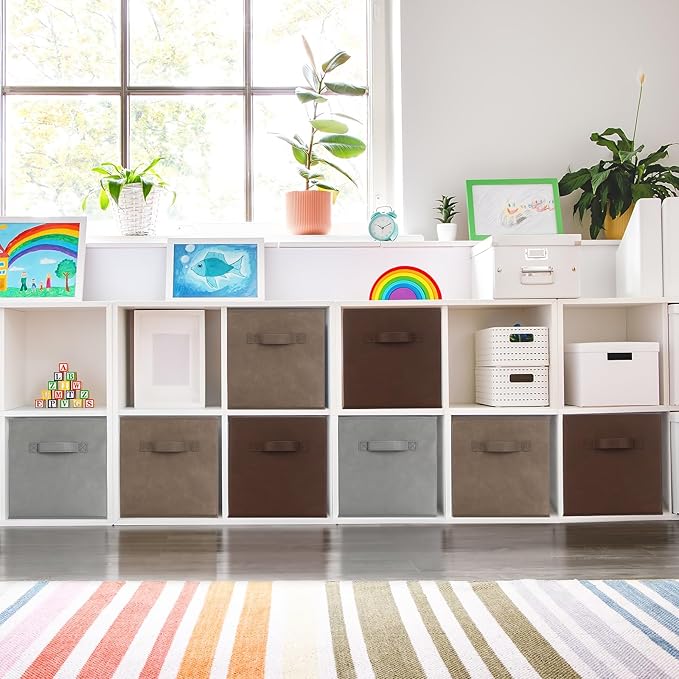 Karenhi 11" x 10. 5" x 10. 5" Brown Gray Storage Cube, 6 Pack Fabric Cube Storage Bins Organizer Box, Collapsible Baskets wit