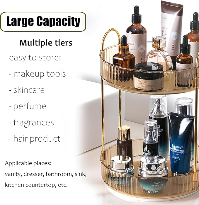 Rotating Makeup Organizer Countertop 2 Tier Lazy Susan Trays Clear Skincare Perfume Storage for Bathroom Counter Vanity, Ambe