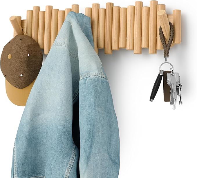 Umbra Picket Coat Rack with 8 Hooks – Natural Wall-Mounted Coat Rack with Flip-Down Wooden Hooks, Real Pine Wood Decorative W