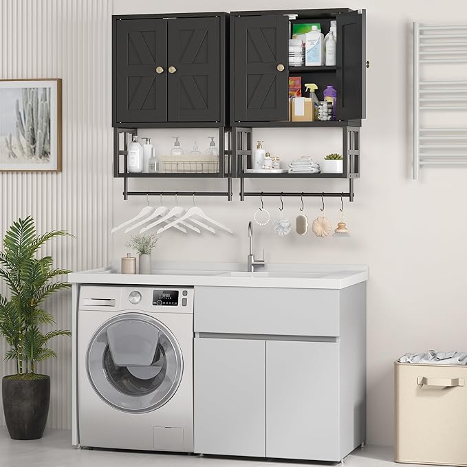 Farmhouse Medicine Cabinet - 3-Tier Wall Mounted Storage Organizer with Adjustable Shelves, Towel Bar, 5 Hooks for Small Bath
