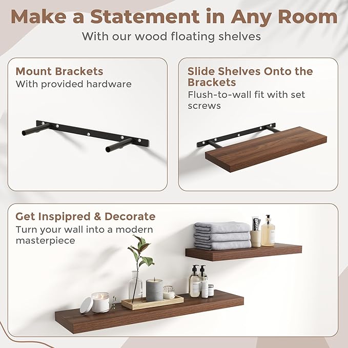 36 Inch Floating Shelves for Wall Set of 2, 8"D Wood Grain Bathroom Shelves with Invisible Brackets, Easy Install Engineered 