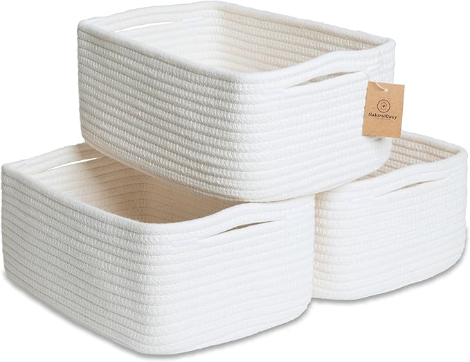 NaturalCozy 11.8"x8"x4.5” Storage Baskets for Shelves 3 Pack | Cotton Rope Woven Small Baskets for Organizing | Small Storage