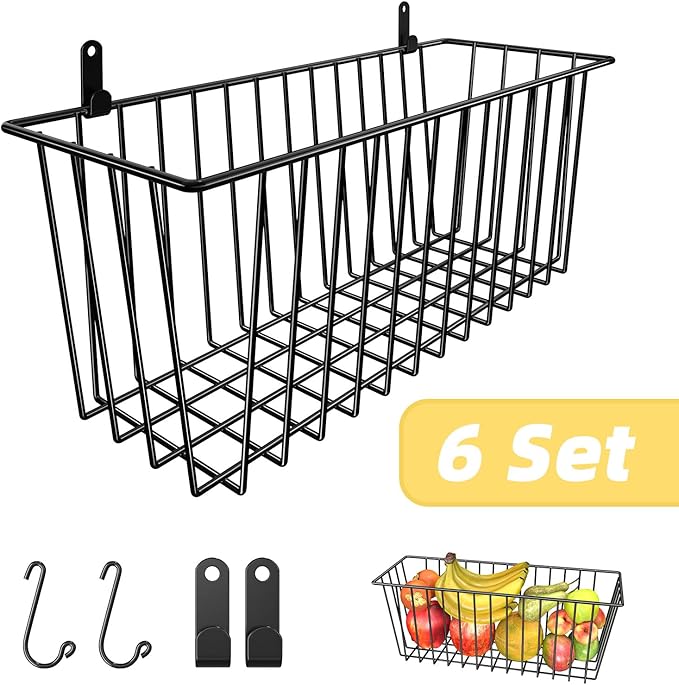 Simple Trending 6 Pack Wire Basket Wall Mount Baskets Hanging Baskets, Cabinets Organizer and Storage with Hooks for Kitchen,