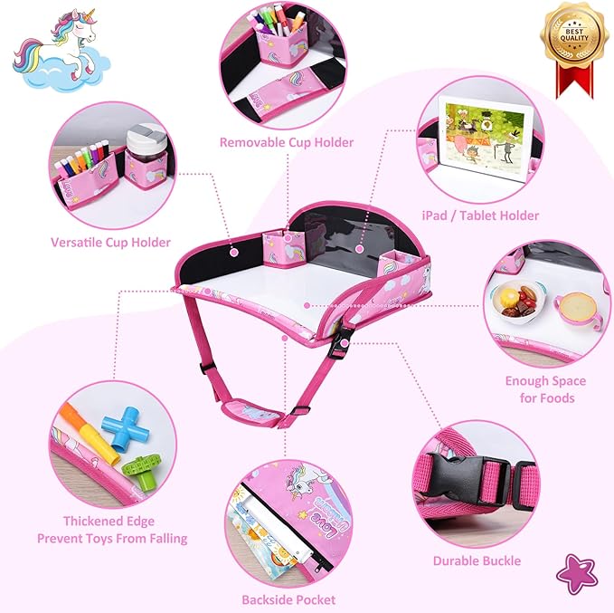 Kids Travel Tray for Toddler Carseat, Road Trip Activities Essentials for Toddler, Kids Lap Desk Tray with Tablet Holder Stand ＆ Dry Erase Board (Pink Unicorn)