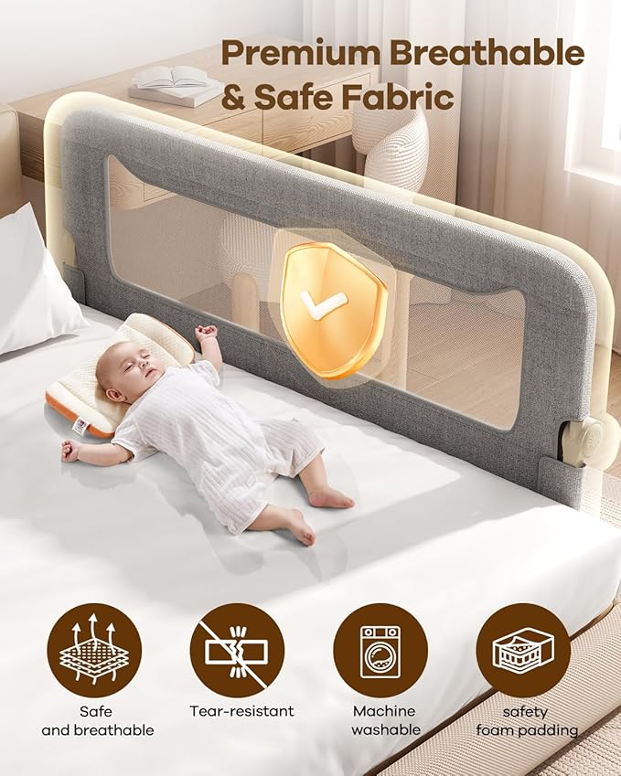 Foldable Bed Rail for Toddlers, 59in Reinforced Carbon Steel Frame&Connectors, Breathable Cationic Fabric, Safety Toddler Bed