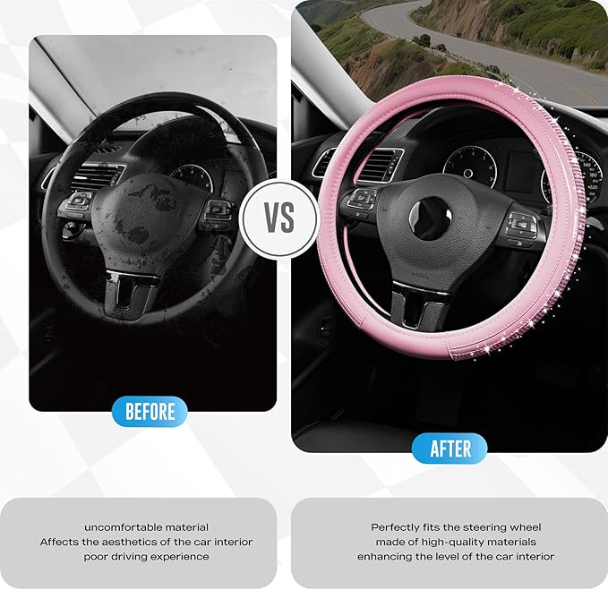 Road Comforts Bling Steering Wheel Cover – Pink Diamond Design, Universal Fit 14.5-15 Inch, Microfiber Leather, Anti-Slip & B