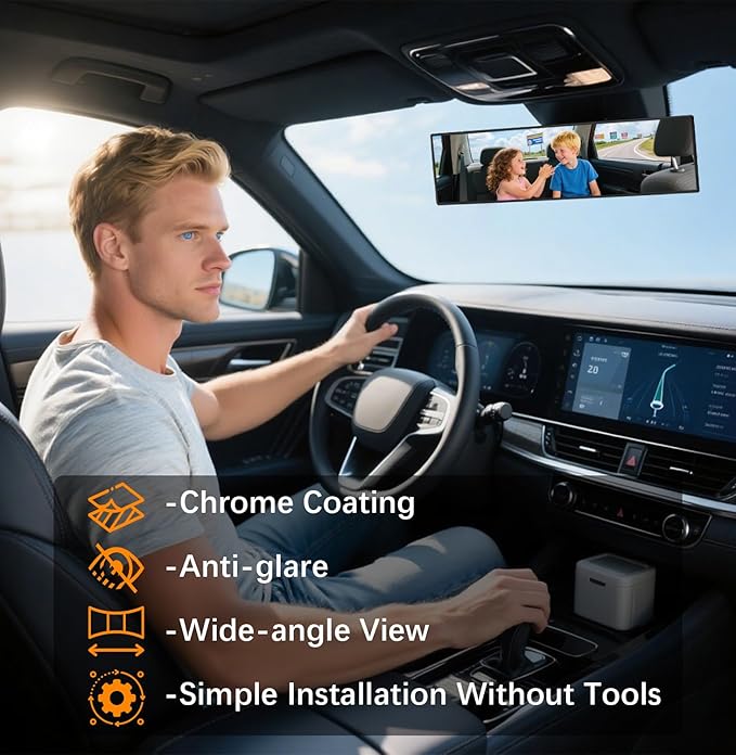 Rear View Mirror, Chrome Anti-glare Panoramic Rear Mirrors Universal 14 Inch Convex Car Interior Clip on Extra Big Wide Angle Rearview Mirror Extender to Reduce Blind Spot for Car SUV Trucks