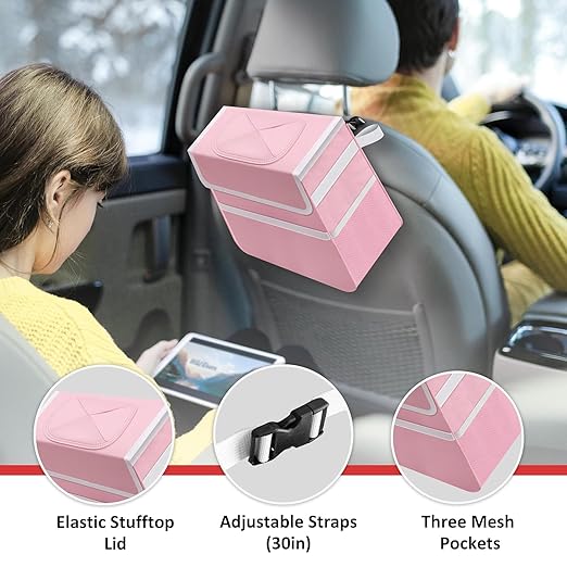 Simple Deluxe Car Trash Can with Lid and Storage Pockets, Multipurpose Garbage Bin with Adjustable Straps, Collapsible and Portable Organizer, 2 Gallon, Pink
