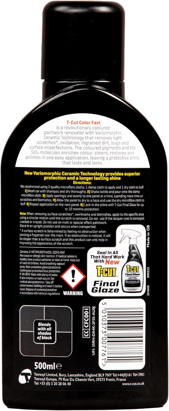 T-Cut 3-in-1 Color Fast Black Car Polish, 17fl oz – Cleans, Restores & Protects - Removes Scratches & Swirl Marks - Enhances Color & Leaves a Durable Protective Shine - with Ceramic Wax Protection