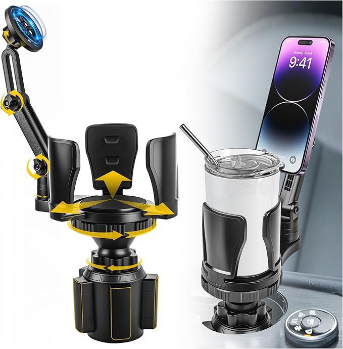 Frani Car Cup Holder Expander with Magnetic Phone Mount - Adjustable Insert Fits 2.68-4.33" Holders, 360° Gooseneck & Strong 
