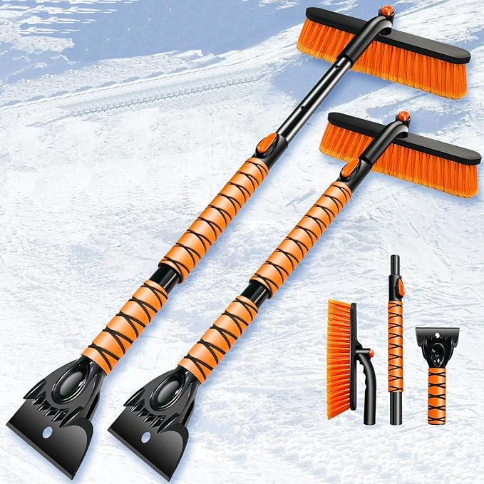 39" Extendable Snow Brush with Ice Scraper & Squeegee for Car Windshield,Rotating Auto Snow Brush with Foam Grip,Heavy Duty Car Snow Brush and Ice Scraper Combo for Truck SUV,Orange