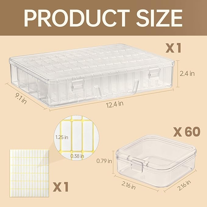 Bead Organizer Box, 60 Pack Small Clear Storage Boxes with Labels, Large Travel Craft Case with Handle, Mini Plastic Containe