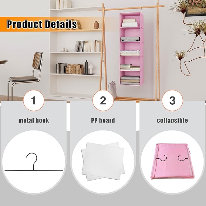 Hanging Closet Organizer, Easy Mount Foldable 5-Shelf Hanging Closet Wardrobe Storage Shelves, Clothes Handbag Shoes Accessor