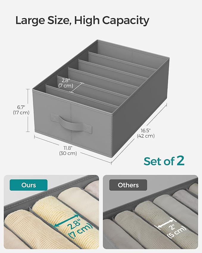 SONGMICS Set of 2 Large Size Wardrobe Clothes Organizers, 6-Compartment Foldable Drawer Organizers with Handles, 16.5 x 11.8 