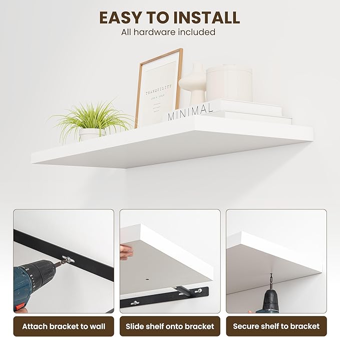 Dreamland 36" Floating Shelves for Wall, 12" Deep Slim White Floating Shelves, Wall-Mounted Shelves for Bedroom, Living Room,