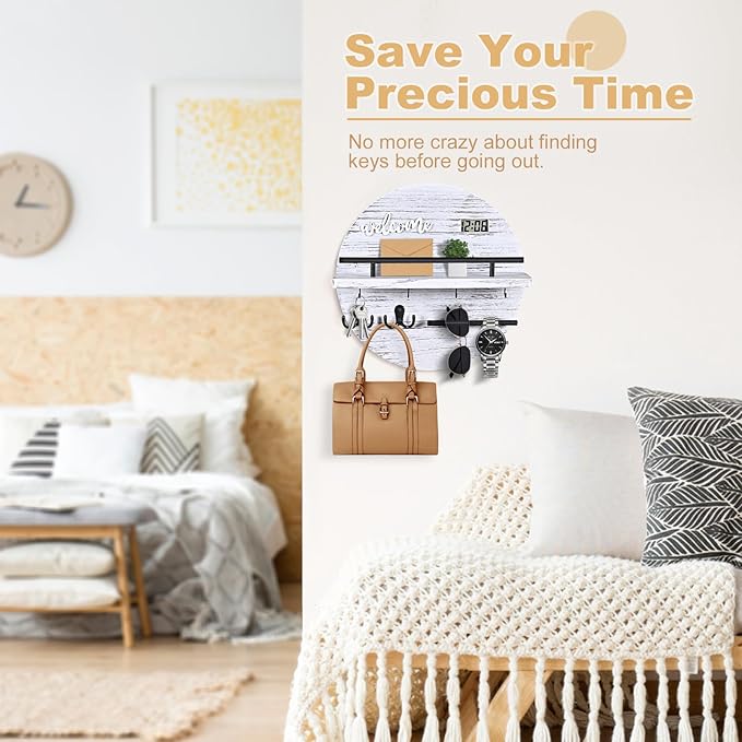 Key Holder for Wall, Round Wooden Rustic Key and Mail Organizer for Wall - Key Holder Wall Mount for Entryway, Mudroom, Hallw